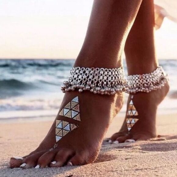 Boho Wide Silver Tassel Bells Anklets Ankle Jewelry - NEW - Picture 1 of 3